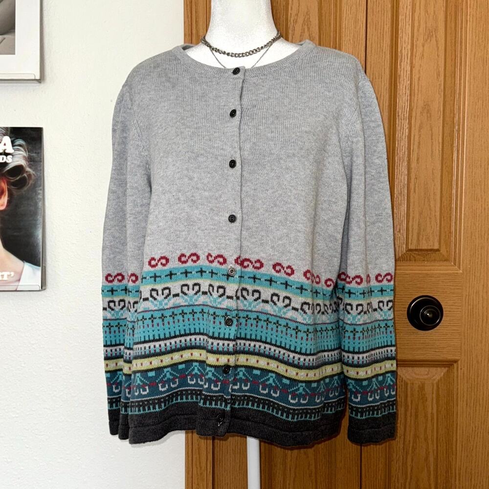 CJ Banks Cardigan Sweater Women 1X Gray Geometric Fair Isle Knitted Button Front